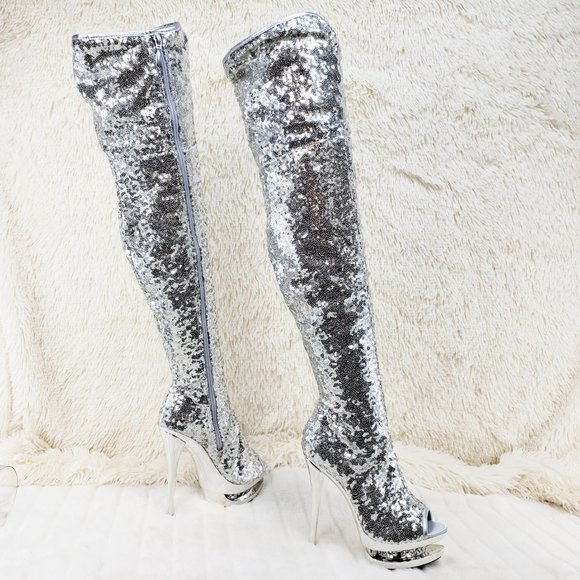 3011 Silver Sequin Open Toe Thigh High Heel Boots Blondie - Picture 3 of 15